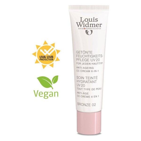 Tubenverpackung einer getönten Feuchtigkeitspflege mit UV-Schutz und veganem Siegel, in der Farbe Bronze 02.
