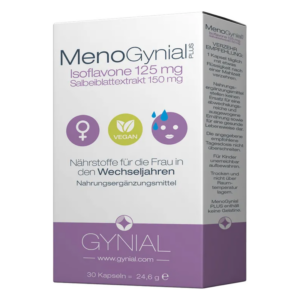 Verpackung von MenoGynial PLUS, einem veganen Nahrungsergänzungsmittel für Frauen in den Wechseljahren.