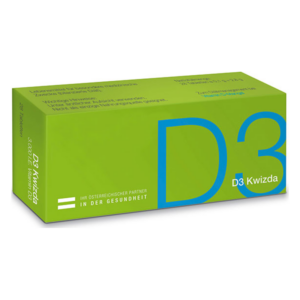Grüne Verpackung mit der Aufschrift D3 Kwizda, Produktinformation auf der Seite, quadratisch und stabil.