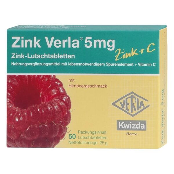 Verpackung von Zink Verla® 5 mg Lutschtabletten mit Himbeergeschmack, grün-gelbes Design, enthält Zink und Vitamin C.