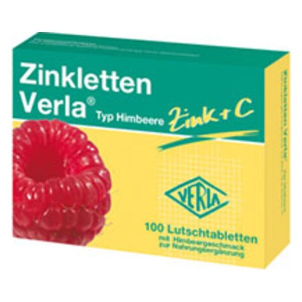 Packung Zinkleten Verla in Himbeer-Geschmack mit dekorativer Himbeere, 100 Lutschtabletten in gelb-grüner Verpackung.