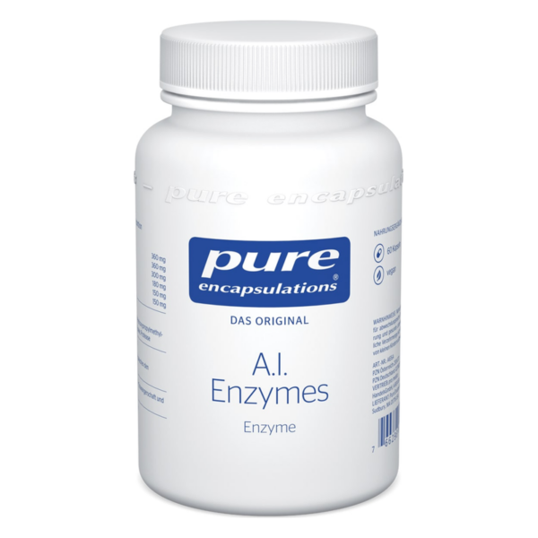 Weißer Kunststoffbehälter mit Schraubverschluss, beschriftet mit "pure encapsulations A.I. Enzymes" und Nährstoffangaben.