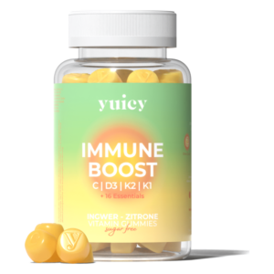 Packung mit zuckerfreien Vitamin-Gummis in Gelb, Thema Immunsystem, mit wichtigen Vitaminen und Inhaltsstoffen.