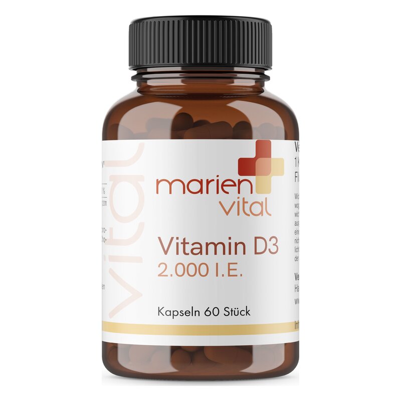 Braune Plexiglasflasche mit schwarzem Schraubverschluss, gefüllt mit Kapseln für Vitamin D3, 2000 I.E., 60 Kapseln.