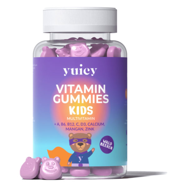 Flasche mit lila Vitamin-Gummibärchen für Kinder, Multivitamin, mit Bärendesign und Waldbeeren-Aroma.