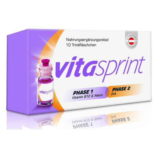 Verpackung von vitasprint mit zwei Phasen, einer Glasflasche und Informationen über Zutaten wie Vitamin B12 und Zink.