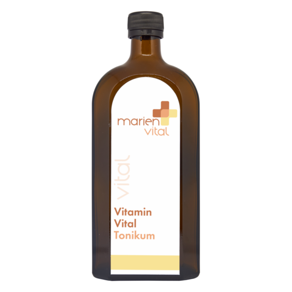 Braune Glasflasche mit einem weißen Etikett, das 'Vitamin Vital Tonikum' von 'marien vital' zeigt.