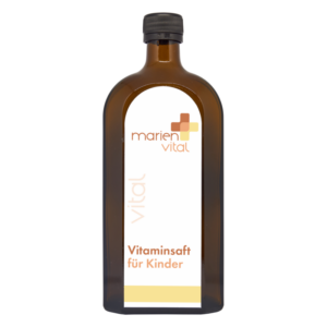 Braune Glasflasche mit schwarzem Verschluss, beschriftet mit "VitaminSaft für Kinder" und Logo von marienvital.