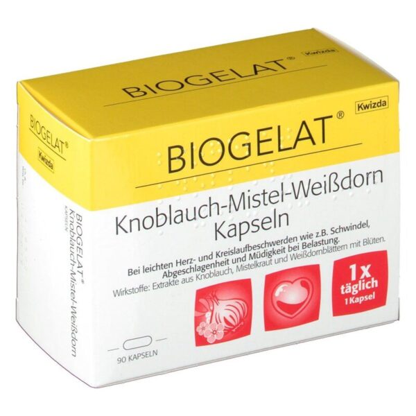 Verpackung von Biogelat Knoblauch-Mistel-Weißdorn Kapseln in einer gelben Box mit wichtigen Anwendungshinweisen.