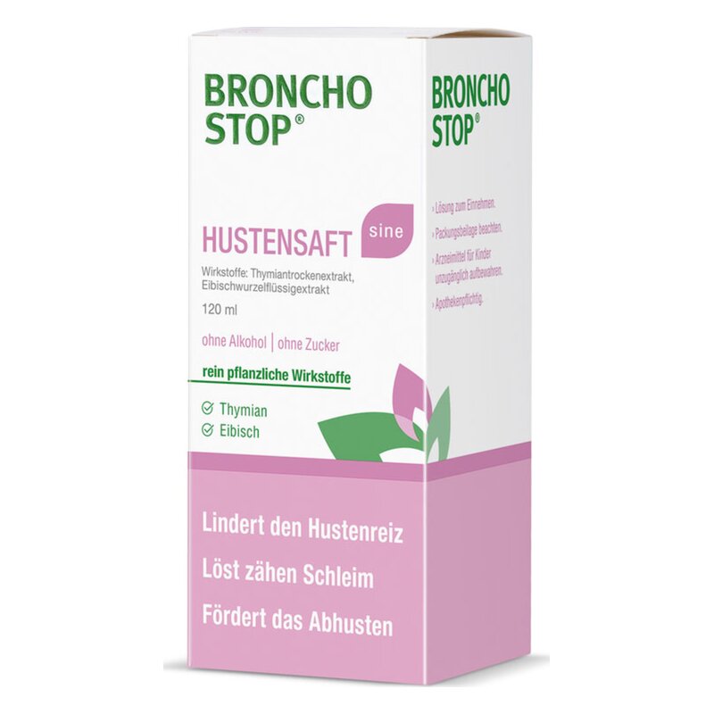 Verpackung von Broncho Stop Hustensaft, 120 ml, mit pflanzlichen Wirkstoffen gegen Hustenreiz, ohne Alkohol und Zucker.