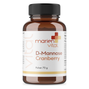 Braunes Glasgefäß mit schwarzem Deckel, enthält D-Mannose Cranberry Pulver, 70 g, von marien vital.