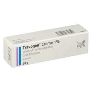 Verpackung von Travogen Creme 1%, enthält Isoconazolnitrat, 30 g, in weißer Box mit lila und blauer Kennzeichnung.