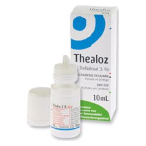 Augentropfenflasche mit Trehalose 3 % und einer Verpackung, die hydriert und schützt bei trockenen Augen.