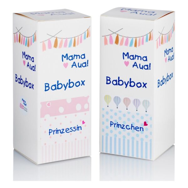 Zwei Babyboxen mit bunten, kindlichen Designs: eine in Rosa mit Punkten, die andere in Blau mit Luftballons.