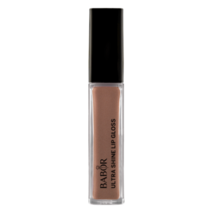 Transparente Tube mit braunem Lipgloss und schwarzem Deckel, beschriftet mit "Babor Ultra Shine Lip Gloss".