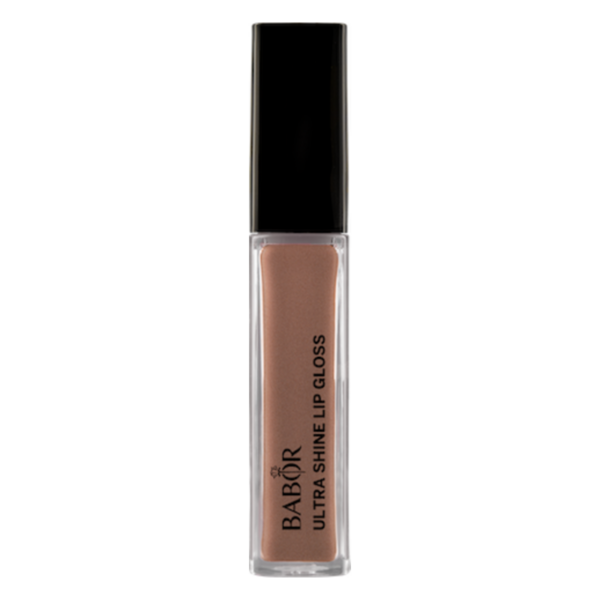 Transparente Tube mit braunem Lipgloss und schwarzem Deckel, beschriftet mit "Babor Ultra Shine Lip Gloss".