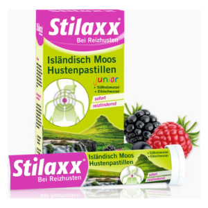 Verpackung der Stilaxx Hustenpastillen Junior mit Isländisch Moos, Süßholzwurzel und Eibischwurzel, farbenfrohes Design.