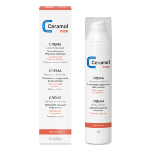 Verpackung und Flasche von Ceramol PSOR, einer Creme für die Pflege bei Psoriasis.