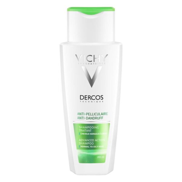 Flasche mit Vichy Dercos Anti-Schuppen Shampoo, weiß mit grüner Kappe, 200 ml, für normale bis fettige Haare.