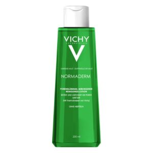 Flasche mit grüner Reinigungs-Lotion von Vichy für unreinere Haut, 200 ml, mit beruhigenden Eigenschaften.