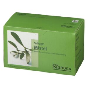 Packung mit Sidroga Misteltee, grüne Box mit 20 Teebeuteln und einem Abbild von Mistelzweigen.
