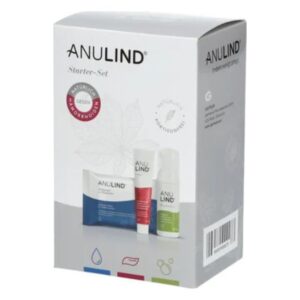 Verpackung des Anulind Starter-Sets mit drei Produkten zur Unterstützung gegen Hämorrhoiden, sanfte Farben und Naturmotive.