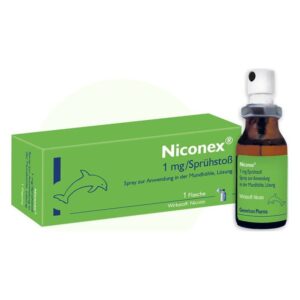 Niconex 1 mg Sprühstoß, Nikotinspray zur Anwendung in der Mundhöhle, mit grüner Verpackung und Flasche.