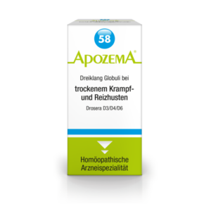 Verpackung der Apozema Dreiklang Globuli zur Behandlung von trockenem Krampf- und Reizhusten, mit blauem und grünen Design.