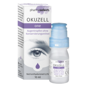 Flasche mit Augentropfen ohne Konservierungsmittel, verpackt in einer weißen Schachtel mit lila Akzenten.