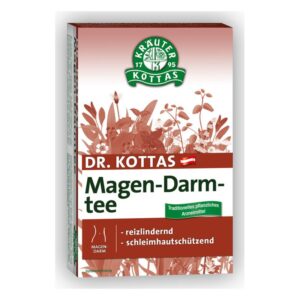 Verpackung von Dr. Kottas Magen-Darm-Tee, hellbraun mit Pflanzenmotiven, mit Wirkungsbeschreibung.