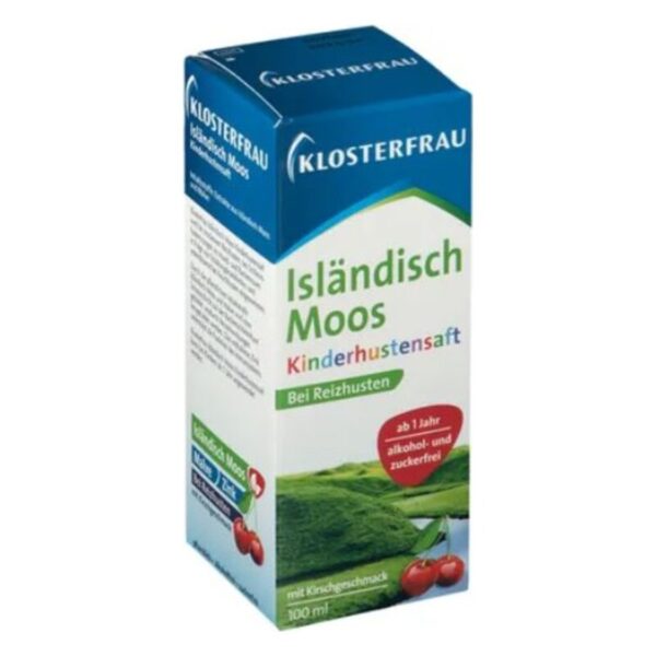 Verpackung von Klostermfrau Isländisch Moos Kinderhustensaft mit Kirschgeschmack, alkohol- und zuckerfrei.