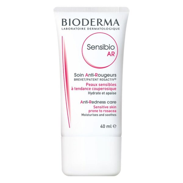 Bioderma Sensibio AR Gesichtscreme in einer weißen Tube mit rotem Akzent, 40 ml, für empfindliche, zu Rötungen neigende Haut.