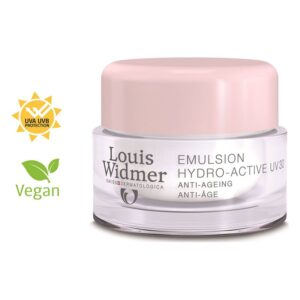 Glasbehälter mit Pinkem Deckel für Hydro-Active UV 30 Emulsion von Louis Widmer, vegan und mit UV Schutz.