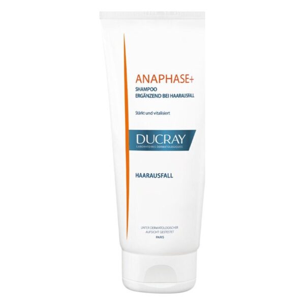 Tube mit ANAPHASE+ Shampoo von Ducray zur Stärkung bei Haarausfall, beschriftet mit Anwendungshinweisen.