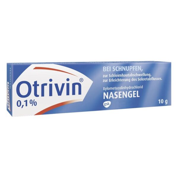 Verpackung von Otrivin Nasengel mit Angaben zur Anwendung bei Schnupfen und Inhaltsstoff Xylometazolin, 10 g.
