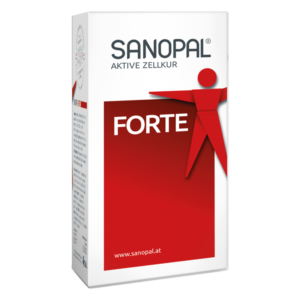 Verpackung einer aktiven Zellkur von Sanopal in Weiß und Rot mit dem Schriftzug 'FORTE' und einer stilisierten Figur.