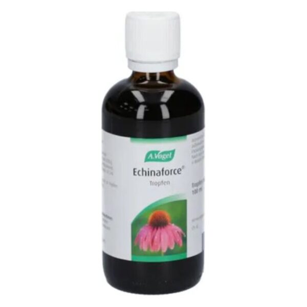 Flasche mit Echinaforce Tropfen von A.Vogel, schwarzer Körper und weißer Verschlusskappe, Etikett mit lilaner Blume.