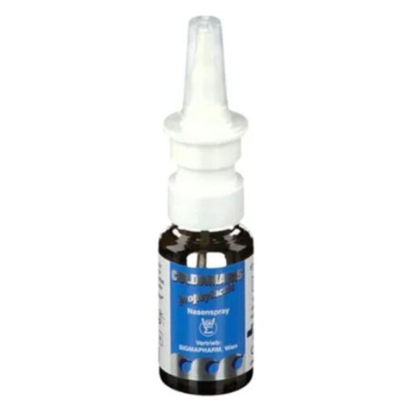 Nasen spray in einer kleinen braunen Flasche mit blauem Etikett und weißem Sprühkopf