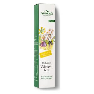 Verpackung eines Kräutertee-Konzentrats mit farbenfroher Illustration von Kindern in der Natur und Produktbezeichnung.