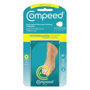 Paket mit Compeed Hühneraugenpflastern, zeigt ein Fußbild mit Pflasterplatzierung und Hauptmerkmale auf der Verpackung.