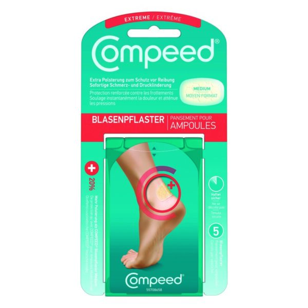 Verpackung eines Blasenpflasters von Compeed mit ergonomischer Darstellung an einem Fuß, Schutz vor Reibung.