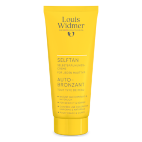 Gelbe Tube mit Selbstbräunungscreme von Louis Widmer, geeignet für jeden Hauttyp, mit Anwendungshinweisen.