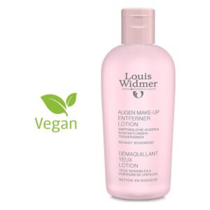Rosa Flasche mit Augen Make-up Entferner Lotion von Louis Widmer, gekennzeichnet als vegan.