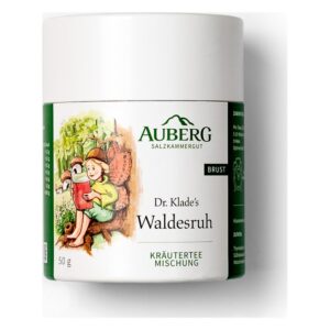 Runde Teedose mit der Aufschrift "Dr. Klade's Waldesruh", abgebildet mit einem Kind, das im Wald liest.