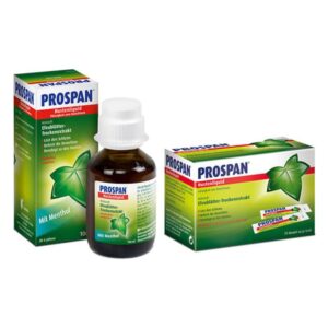 Prospan Hustensirup aus Efeublattextrakt in einer 100 ml Flasche und zugehörigen Verpackungen.