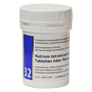 Weißes Medikamentenbehältnis mit blauem Etikett, enthält Natrium tetraboracicum Tabletten, homöopathisch.