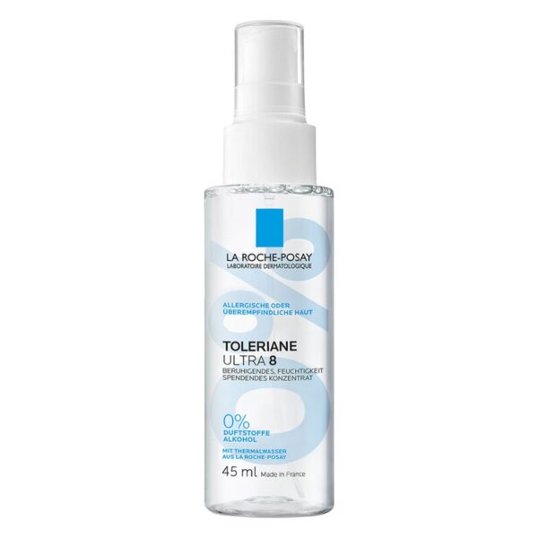 Transparente Flasche mit Pumpspender, enthält ein hautberuhigendes, feuchtigkeitsspendendes Konzentrat von La Roche-Posay.