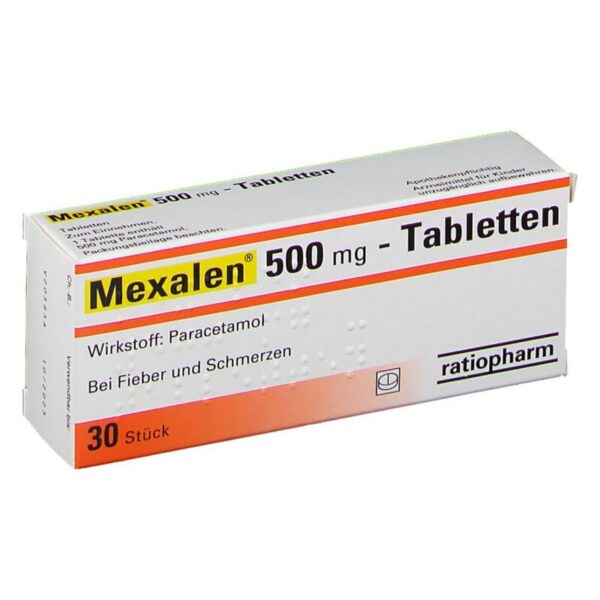 Verpackung von Mexalen 500 mg Tabletten, Wirkstoff Paracetamol gegen Fieber und Schmerzen.