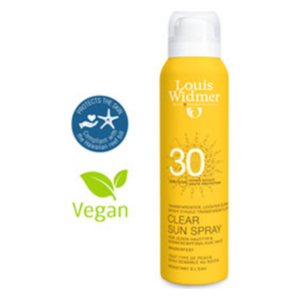 Sonnenspray in gelber Sprühflasche mit Lichtschutzfaktor 30, vegan, mit Icons für UV-Schutz und Umweltfreundlichkeit.