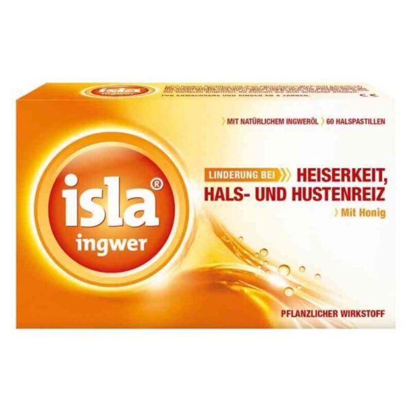 Packung mit 60 Halspastillen von Isla Ingwer zur Linderung von Heiserkeit und Hustenreiz, mit Honig.
